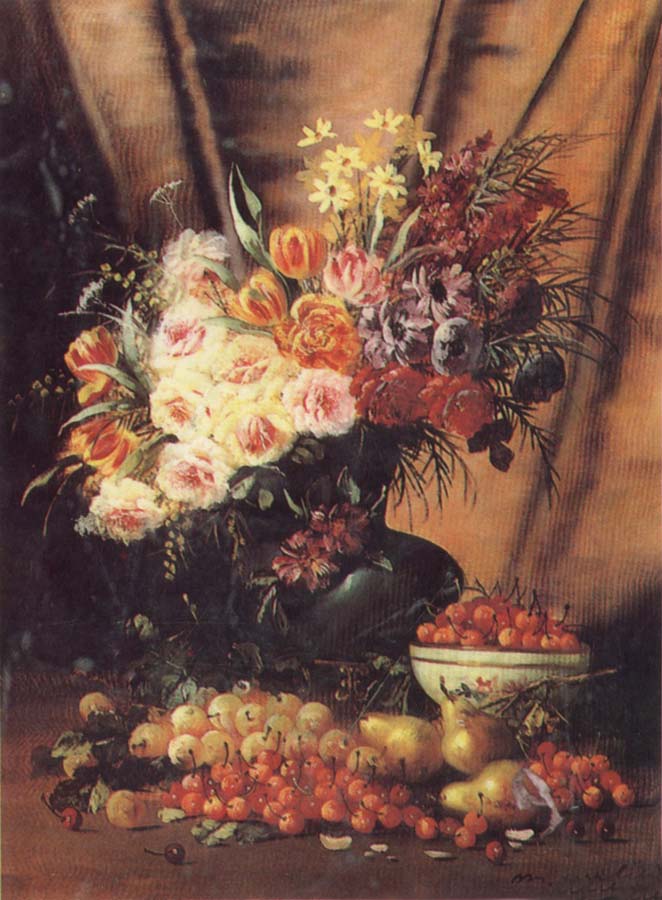 A Still life with Assorted Flowers,Cherries Pears and Quince